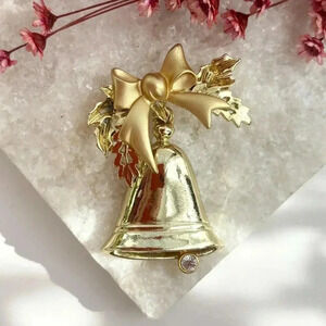 Holiday Bell & Bow Rhinestone Adorned Gold T. Christmas Ornament Vintage Brooch